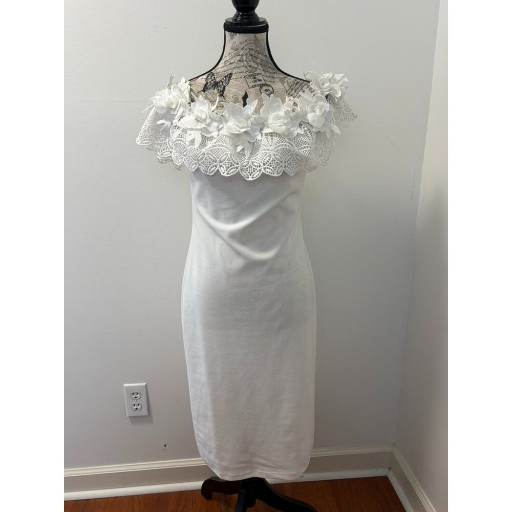 Faairy‎ Cottagecore Boho Womens L White Off-the-shoulder Floral Lace Midi Dress
